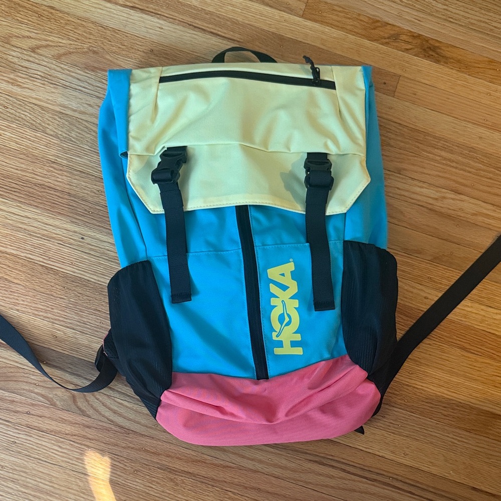 Hoka Multicolor Roll-Top Backpack in Blue, Yellow & Pink